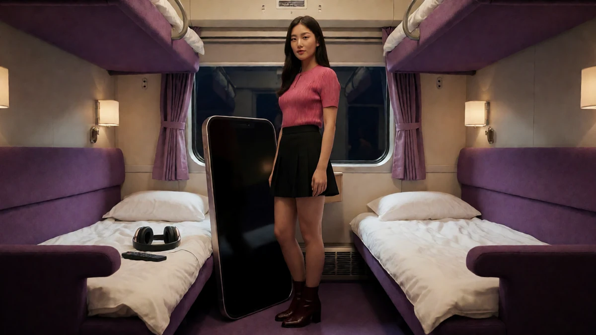 蜜桃影院剧情主题图，黑发成年女性穿粉色上衣和黑色短裙，站在夜行车厢过道