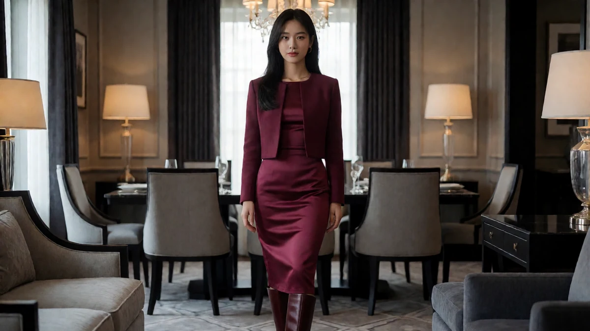 蜜桃影院成熟人妻主题图，成年女性穿酒红套装，站在暖光餐厅里